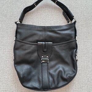 PERLINA New York Women’s Black Leather Hobo Bag with Silver Hardware